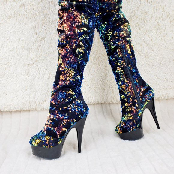 Blue Iridescent Sequin Thigh High 6" Heel Slouch Boots RESTOCKED 3004 - Picture 9 of 14